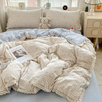 4pcs New Style Bedding, Cloud-Feel Crinkle Yarn Lace Design, Includes 1 Duvet Cover + 1 Flat Sheet + 2 Pillowcases, Fresh Country Style, Skin-Friendly and Breathable, Soft and Gentle, Printing and Dyeing, Delicate Touch, Suitable for Dormitories
