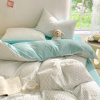 4pcs Bedding, Japanese and Korean Minimalist Striped Style, Duvet Cover Set, Machine Washable, Double Bed Duvet Cover Set, Pillowcase and Bed Sheet Set Combo, 4pcs Set for Bedrooms, Crafted Style 4pcs Set for Hotel-Style Showrooms, Includes 1 Duvet