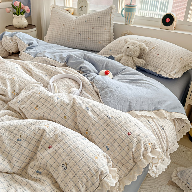 4pcs New Style Bedding, Cloud-Feel Crinkle Yarn Lace Design, Includes 1 Duvet Cover + 1 Flat Sheet + 2 Pillowcases, Fresh Country Style, Skin-Friendly and Breathable, Soft and Gentle, Printing and Dyeing, Delicate Touch, Suitable for Dormitories