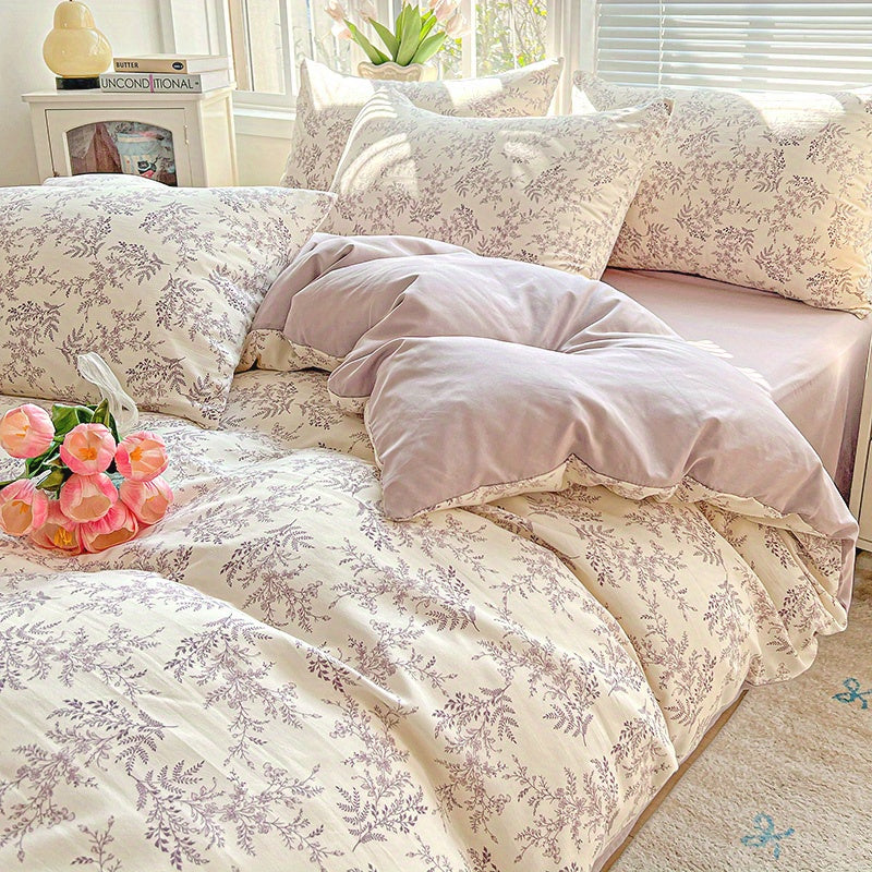 Spring Floral Print Blue and Purple Small Floral Vine Pattern • 4pcs Bedding (1 Duvet Cover + 1 Flat Sheet + 2 Pillowcases) • Country Style • Breathable Soft Microfiber • Machine Washable • Suitable for All Seasons • Does Not Include Comforter or Pillow