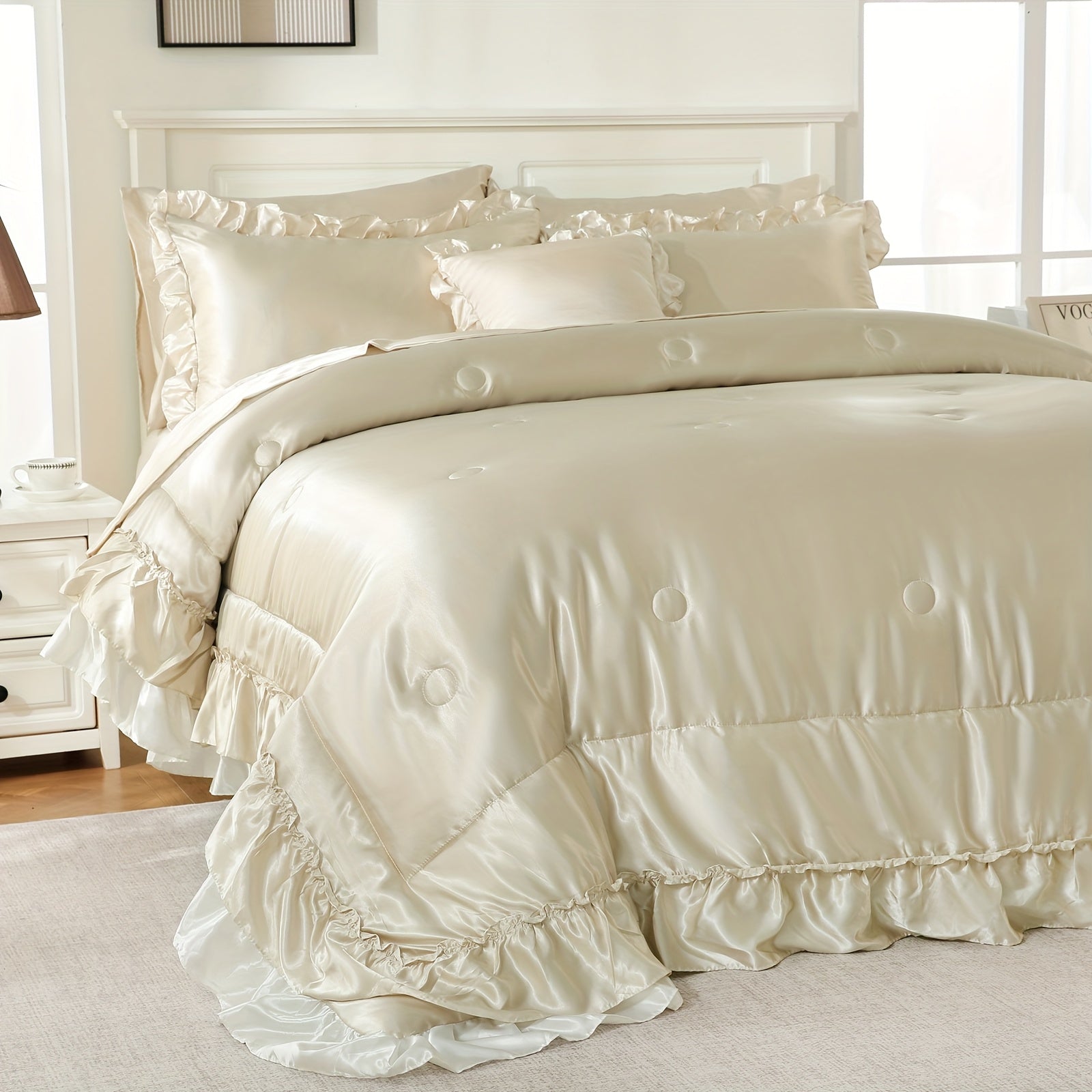 Beige Satin Comforter Set With Sheets, Queen\u002FKing Size Ruffled Bed Comforter 8pcs, Elegant Ruffle Room Decor Aesthetic Comforter King Bed In A Bag Set, Silky Like Satin Luxury Silky Bed Set For All Seasons