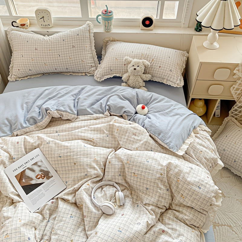 4pcs New Style Bedding, Cloud-Feel Crinkle Yarn Lace Design, Includes 1 Duvet Cover + 1 Flat Sheet + 2 Pillowcases, Fresh Country Style, Skin-Friendly and Breathable, Soft and Gentle, Printing and Dyeing, Delicate Touch, Suitable for Dormitories