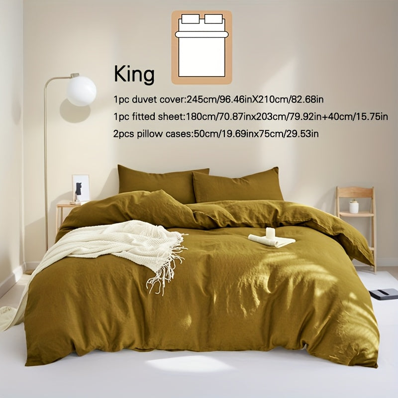 Four-piece Khaki Large Double Bed Duvet Cover Set, 100% French Linen Duvet Cover Bedding Set, Natural French Linen Sheets (1 Duvet Cover, 1 Fitted Sheet, 2 Pillowcases), Soft and Comfortable, Breathable and Cool, Luxury Hotel Bedding, High-end Home