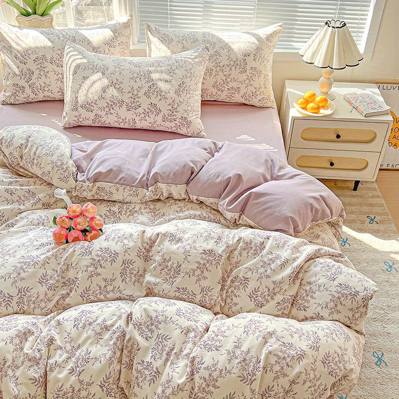 Spring Floral Print Blue and Purple Small Floral Vine Pattern • 4pcs Bedding (1 Duvet Cover + 1 Flat Sheet + 2 Pillowcases) • Country Style • Breathable Soft Microfiber • Machine Washable • Suitable for All Seasons • Does Not Include Comforter or Pillow