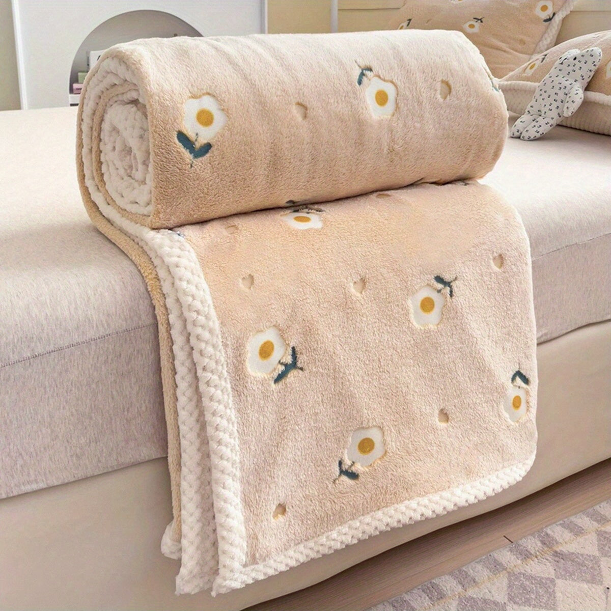Cute Cartoon Blanket Featuring Rainbow Ducks, Little Flowers, Stars, And a Small Lion Theme, Versatile for Various Uses