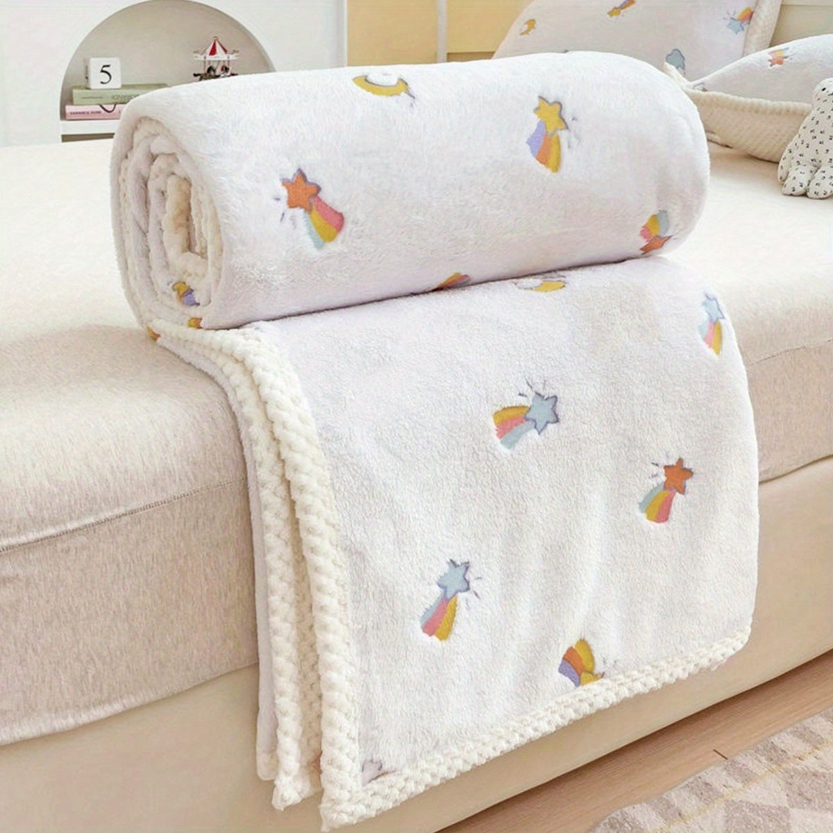 Cute Cartoon Blanket Featuring Rainbow Ducks, Little Flowers, Stars, And a Small Lion Theme, Versatile for Various Uses