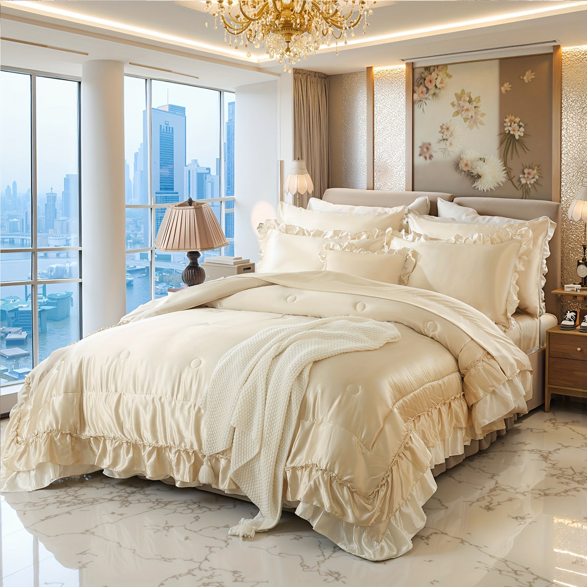 Beige Satin Comforter Set With Sheets, Queen\u002FKing Size Ruffled Bed Comforter 8pcs, Elegant Ruffle Room Decor Aesthetic Comforter King Bed In A Bag Set, Silky Like Satin Luxury Silky Bed Set For All Seasons