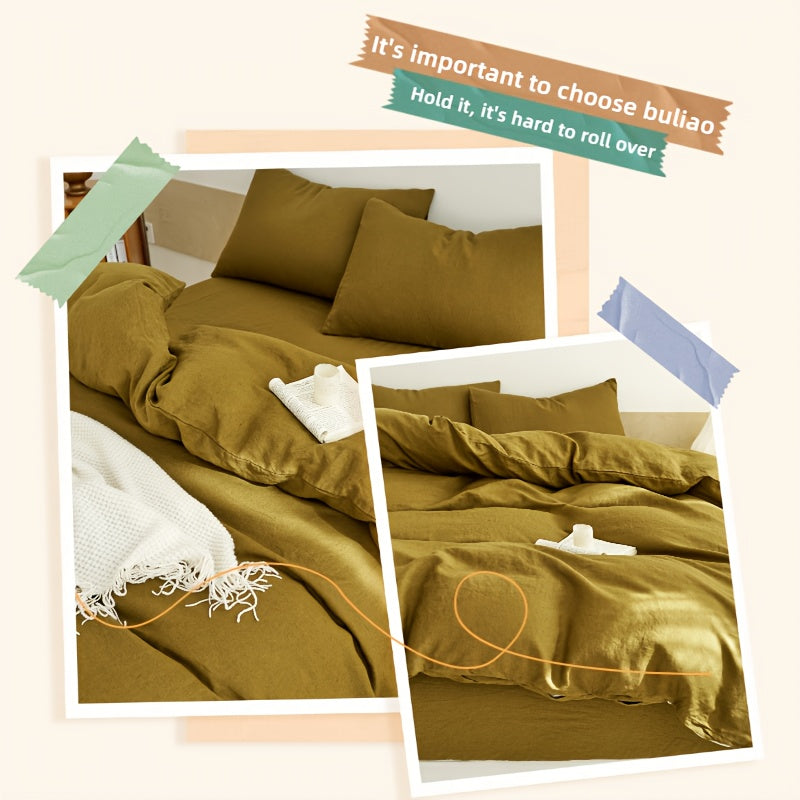 Four-piece Khaki Large Double Bed Duvet Cover Set, 100% French Linen Duvet Cover Bedding Set, Natural French Linen Sheets (1 Duvet Cover, 1 Fitted Sheet, 2 Pillowcases), Soft and Comfortable, Breathable and Cool, Luxury Hotel Bedding, High-end Home