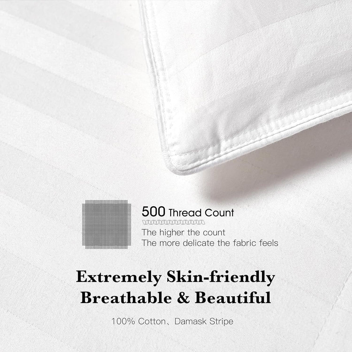 Hotel Grand Luxury White Down Comforter, 600 Fill Power All Season Down Duvet Insert, 500 Thread Count 100% Cotton Hotel Bedding Comforters with Stripe Pattern