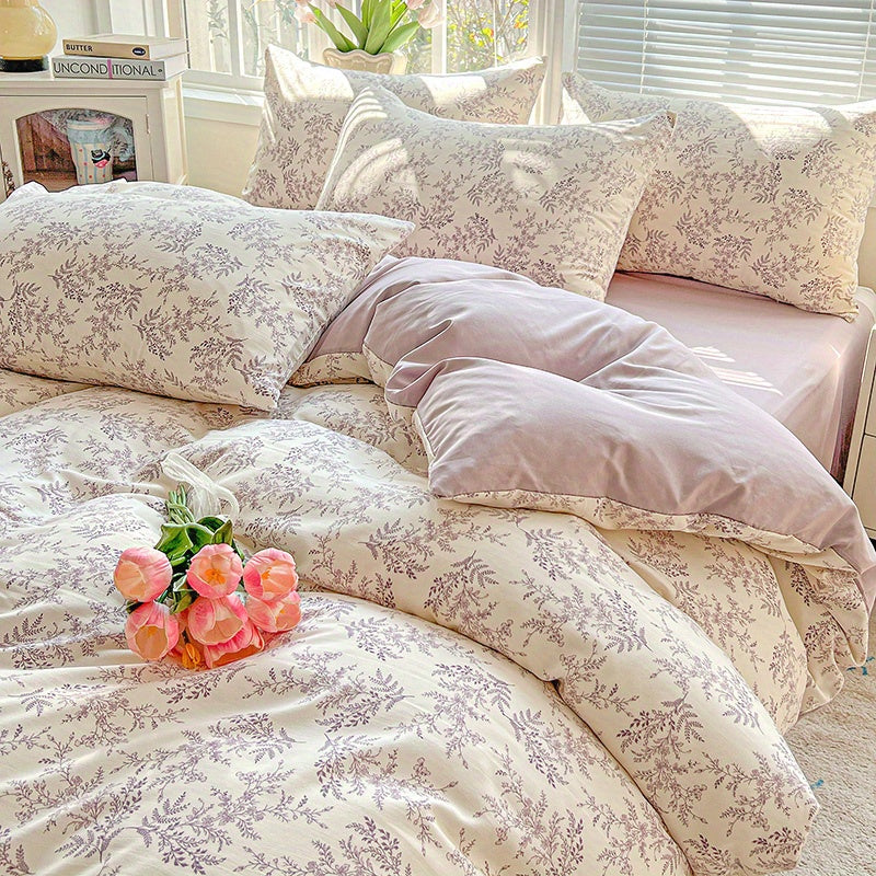 Spring Floral Print Blue and Purple Small Floral Vine Pattern • 4pcs Bedding (1 Duvet Cover + 1 Flat Sheet + 2 Pillowcases) • Country Style • Breathable Soft Microfiber • Machine Washable • Suitable for All Seasons • Does Not Include Comforter or Pillow