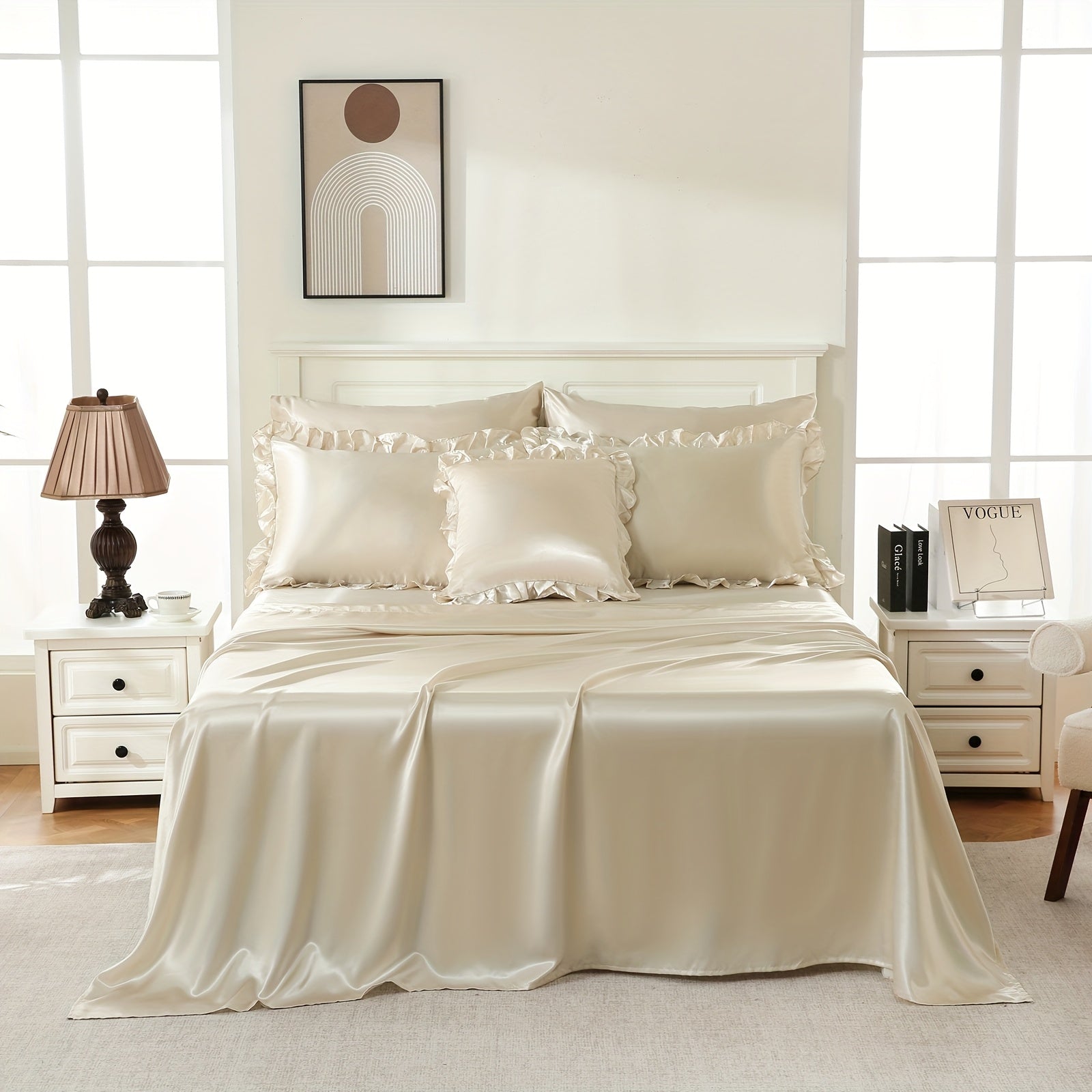 Beige Satin Comforter Set With Sheets, Queen\u002FKing Size Ruffled Bed Comforter 8pcs, Elegant Ruffle Room Decor Aesthetic Comforter King Bed In A Bag Set, Silky Like Satin Luxury Silky Bed Set For All Seasons