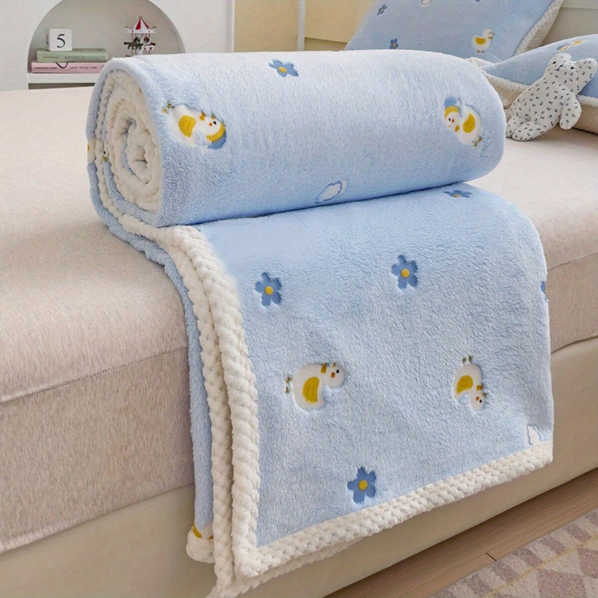 Cute Cartoon Blanket Featuring Rainbow Ducks, Little Flowers, Stars, And a Small Lion Theme, Versatile for Various Uses