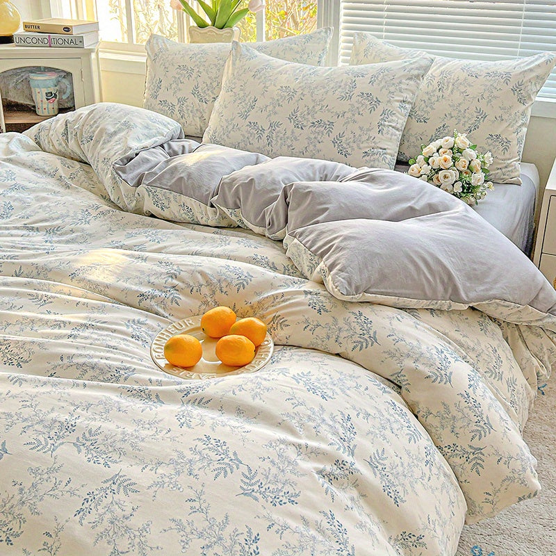Spring Floral Print Blue and Purple Small Floral Vine Pattern • 4pcs Bedding (1 Duvet Cover + 1 Flat Sheet + 2 Pillowcases) • Country Style • Breathable Soft Microfiber • Machine Washable • Suitable for All Seasons • Does Not Include Comforter or Pillow