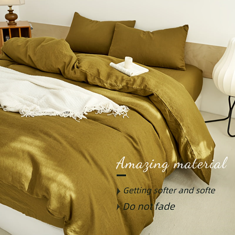 Four-piece Khaki Large Double Bed Duvet Cover Set, 100% French Linen Duvet Cover Bedding Set, Natural French Linen Sheets (1 Duvet Cover, 1 Fitted Sheet, 2 Pillowcases), Soft and Comfortable, Breathable and Cool, Luxury Hotel Bedding, High-end Home