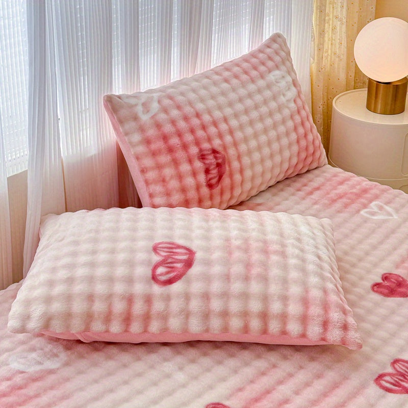 3pcs Heart Pattern Fitted Sheet Set, Soft, Comfortable, and Skin-friendly Fitted Sheet, Suitable for Bedrooms and Guest Rooms (1 Fitted Sheet, 2 Pillowcases, Does Not Include Inserts)