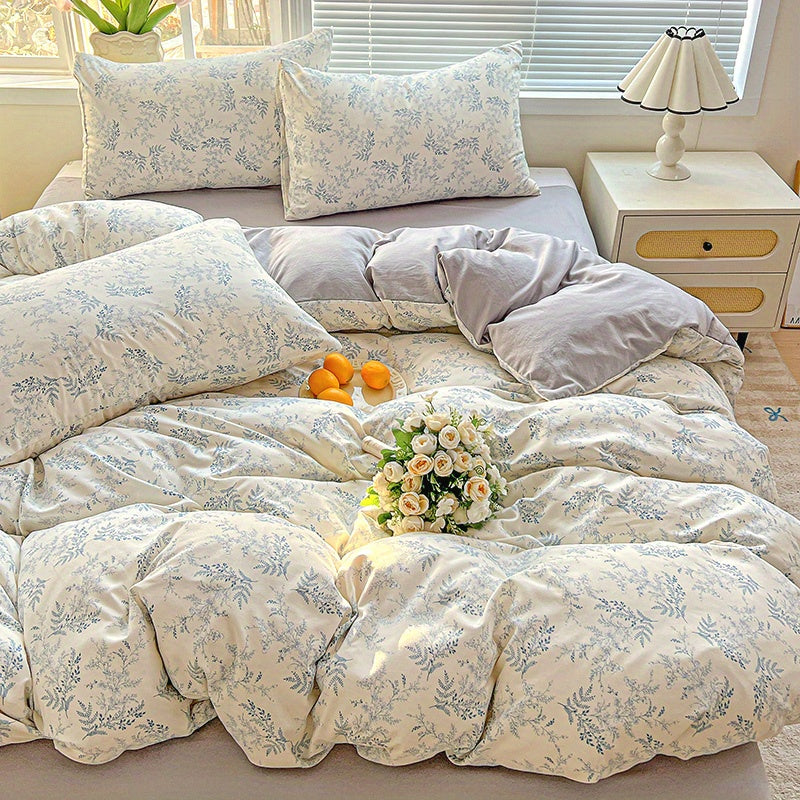 Spring Floral Print Blue and Purple Small Floral Vine Pattern • 4pcs Bedding (1 Duvet Cover + 1 Flat Sheet + 2 Pillowcases) • Country Style • Breathable Soft Microfiber • Machine Washable • Suitable for All Seasons • Does Not Include Comforter or Pillow