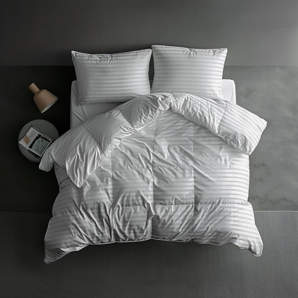 Hotel Grand Luxury White Down Comforter, 600 Fill Power All Season Down Duvet Insert, 500 Thread Count 100% Cotton Hotel Bedding Comforters with Stripe Pattern