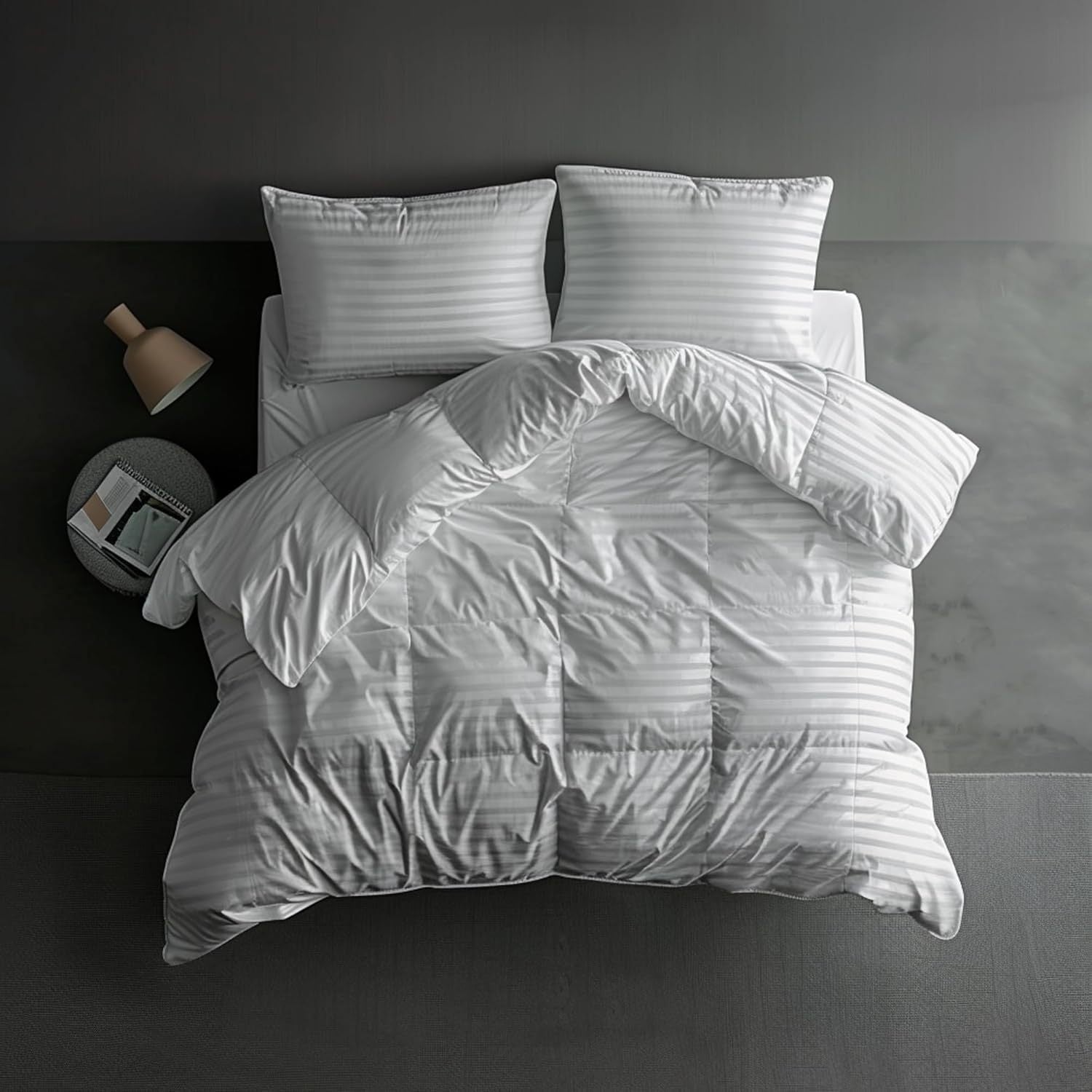 Hotel Grand Luxury White Down Comforter, 600 Fill Power All Season Down Duvet Insert, 500 Thread Count 100% Cotton Hotel Bedding Comforters with Stripe Pattern