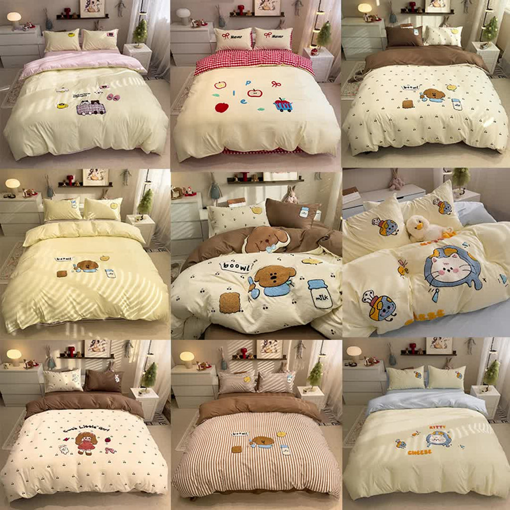 4pcs Cute Anime Cartoon Embroidered Duvet Cover Set (1 Duvet Cover + 1 Bed Sheet + 2 Pillowcases), Soft, Skin-Friendly, Breathable, Machine Washable, Suitable for Bedroom, Dorm, and Hotel Bedding Decor, All-Season Use - Four-Piece Bedding Set, Ideal