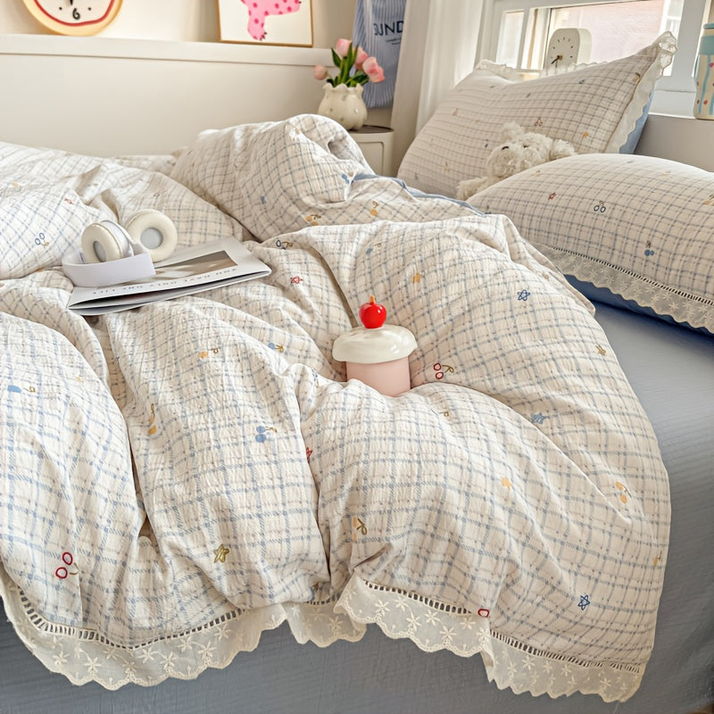 4pcs New Style Bedding, Cloud-Feel Crinkle Yarn Lace Design, Includes 1 Duvet Cover + 1 Flat Sheet + 2 Pillowcases, Fresh Country Style, Skin-Friendly and Breathable, Soft and Gentle, Printing and Dyeing, Delicate Touch, Suitable for Dormitories