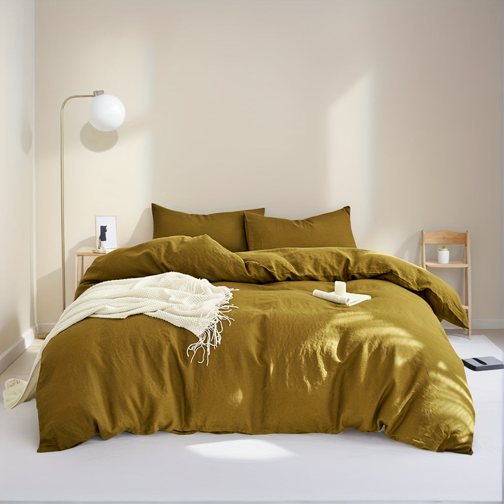 Four-piece Khaki Large Double Bed Duvet Cover Set, 100% French Linen Duvet Cover Bedding Set, Natural French Linen Sheets (1 Duvet Cover, 1 Fitted Sheet, 2 Pillowcases), Soft and Comfortable, Breathable and Cool, Luxury Hotel Bedding, High-end Home