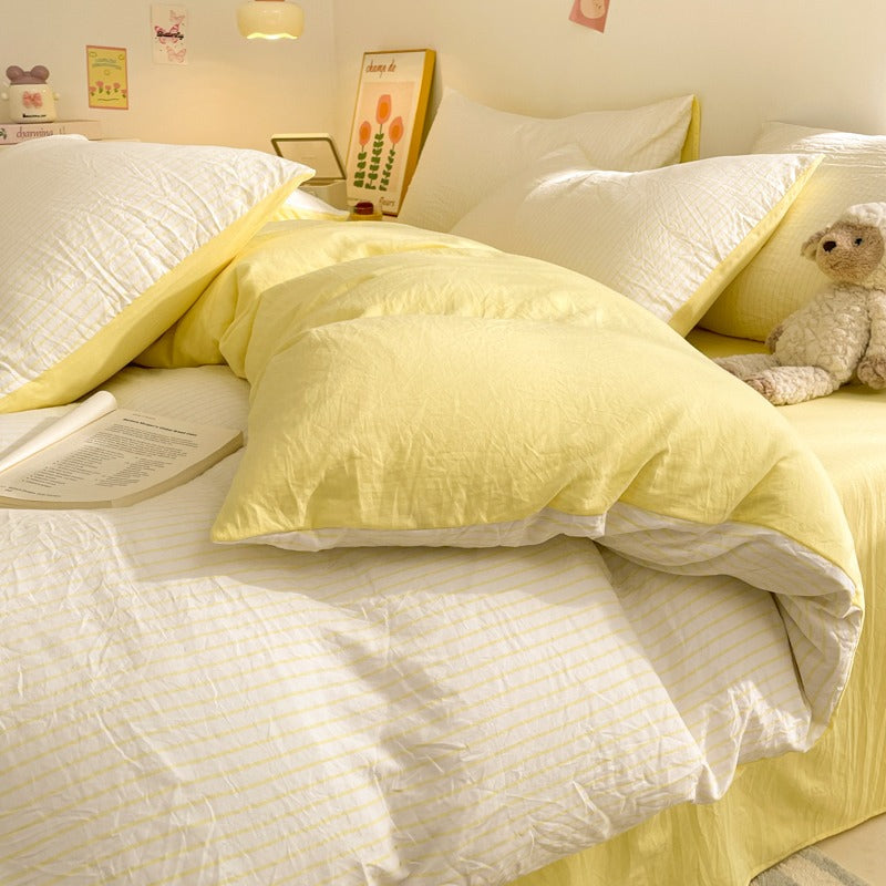 4pcs Bedding, Japanese and Korean Minimalist Striped Style, Duvet Cover Set, Machine Washable, Double Bed Duvet Cover Set, Pillowcase and Bed Sheet Set Combo, 4pcs Set for Bedrooms, Crafted Style 4pcs Set for Hotel-Style Showrooms, Includes 1 Duvet