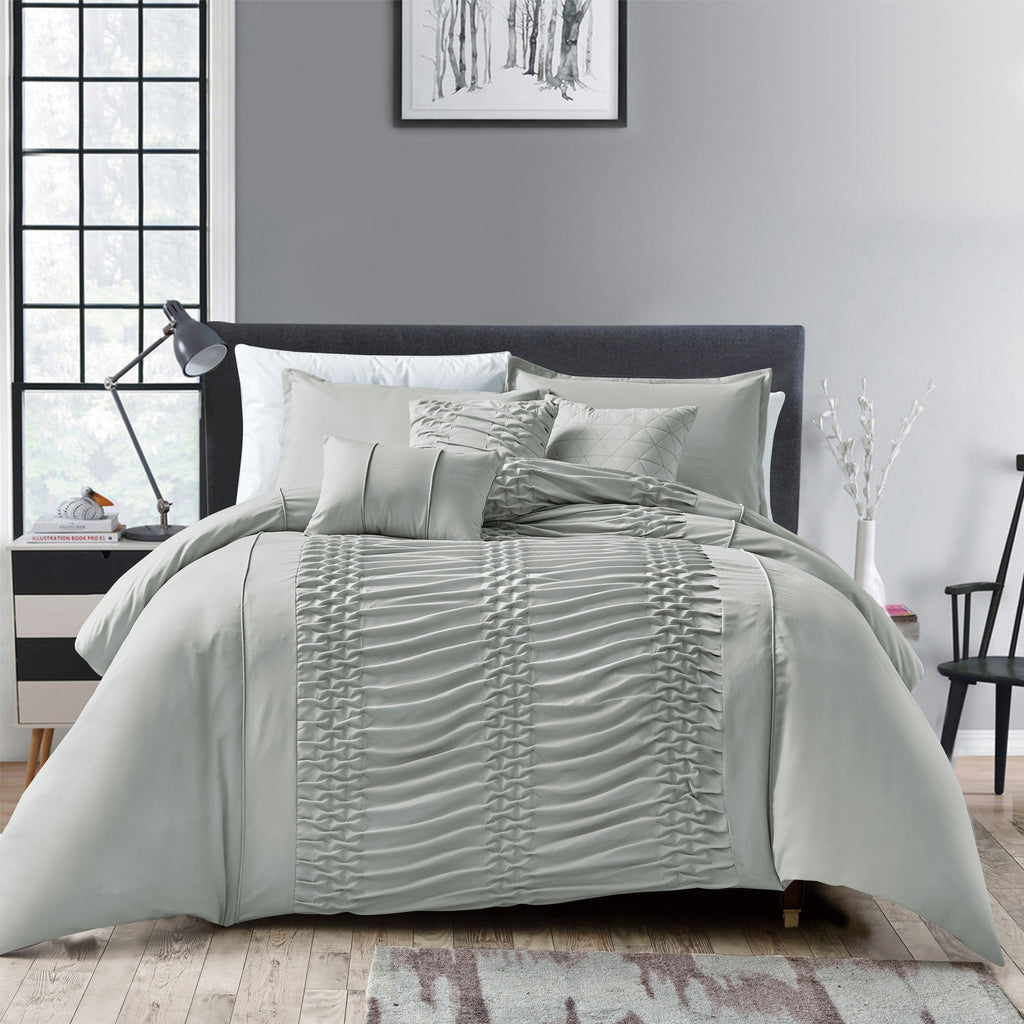 Elegant Ruched 6PC Bedding Set - Soft Microfiber Sage Green Complete Bed Set (Comforter+Sheets+Pillowcases), Elevate Your Bedroom Space