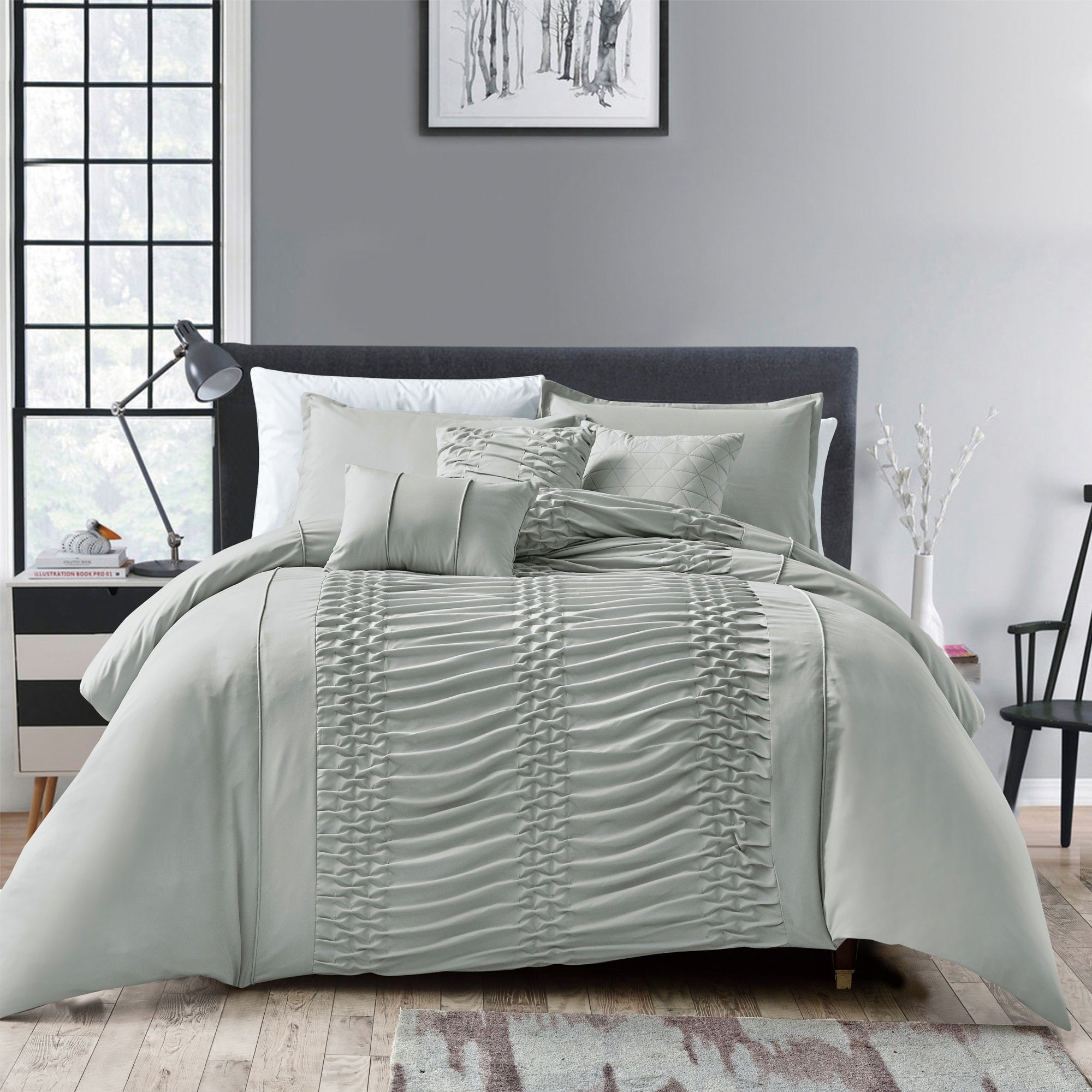 Elegant Ruched 6PC Bedding Set - Soft Microfiber Sage Green Complete Bed Set (Comforter+Sheets+Pillowcases), Elevate Your Bedroom Space