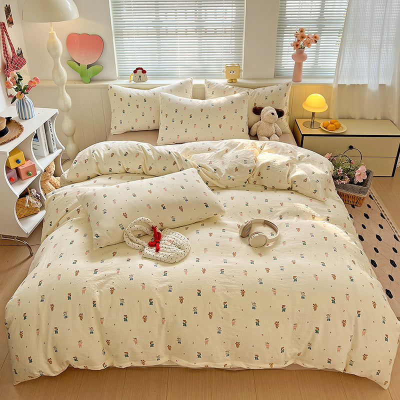 4pcs Popular Washable Printed bedding, New Style for Double Beds, Featuring a Fresh Floral Design. Includes a Combination for Single Dorm Beds: 1 Duvet Cover, 2 Pillowcases, And 1 Bed Sheet