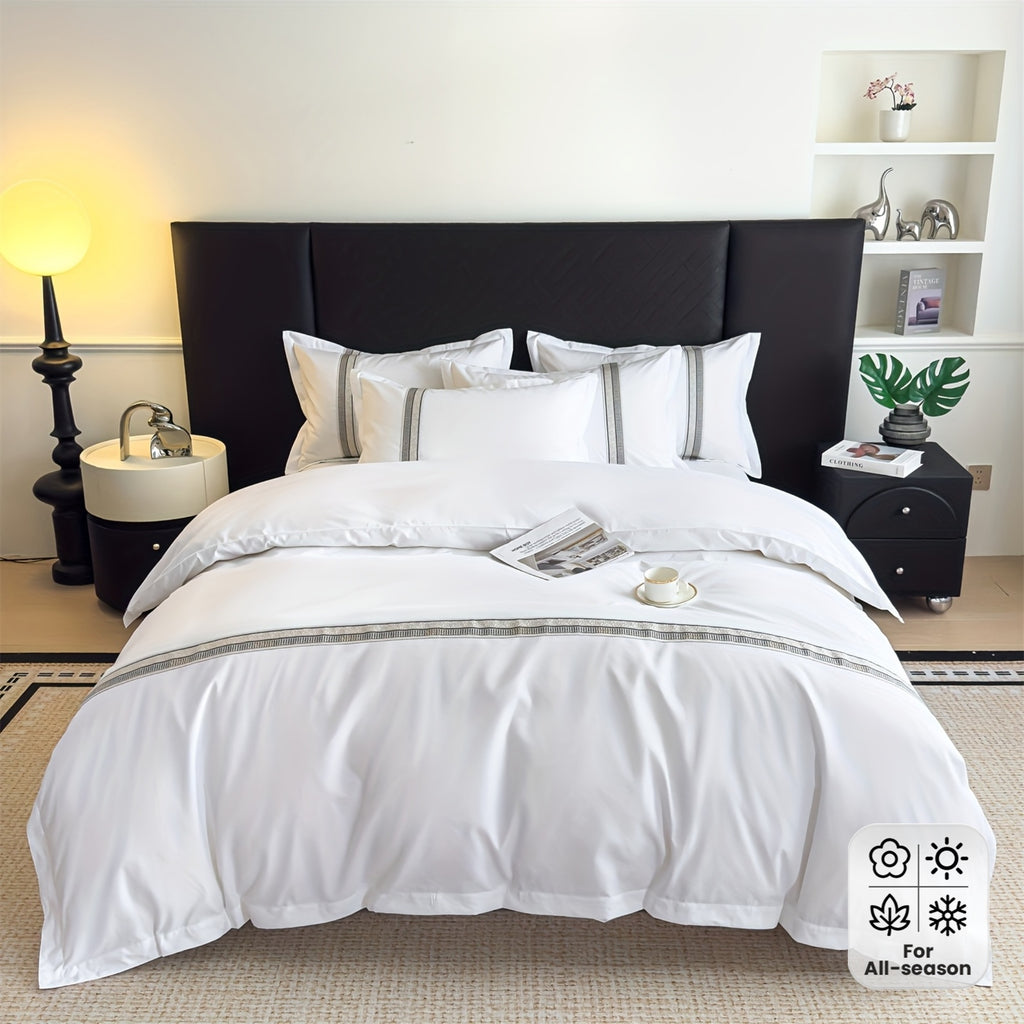 4pcs Hotel Duvet Cover Set, White Embroidered Four-Piece Luxury Bedding Set, Includes 1 Duvet Cover + 1 Flat Sheet + 2 Pillowcases, Soft and Comfortable for All Seasons, Suitable for Hotel and Guest Room Bedding