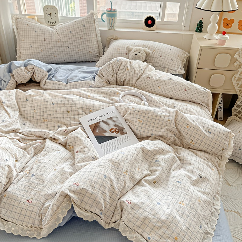 4pcs New Style Bedding, Cloud-Feel Crinkle Yarn Lace Design, Includes 1 Duvet Cover + 1 Flat Sheet + 2 Pillowcases, Fresh Country Style, Skin-Friendly and Breathable, Soft and Gentle, Printing and Dyeing, Delicate Touch, Suitable for Dormitories