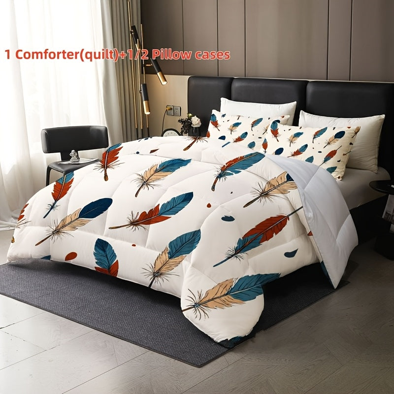 New -filled Quilt, Suitable for All Seasons, Lightweight and Comfortable, with Stylish Digital Prints. Ideal for Home Bedrooms, Available in Multiple Sizes. Features a Unique Red and Blue Feather Pattern Design, Soft and Cozy, Providing a Warm
