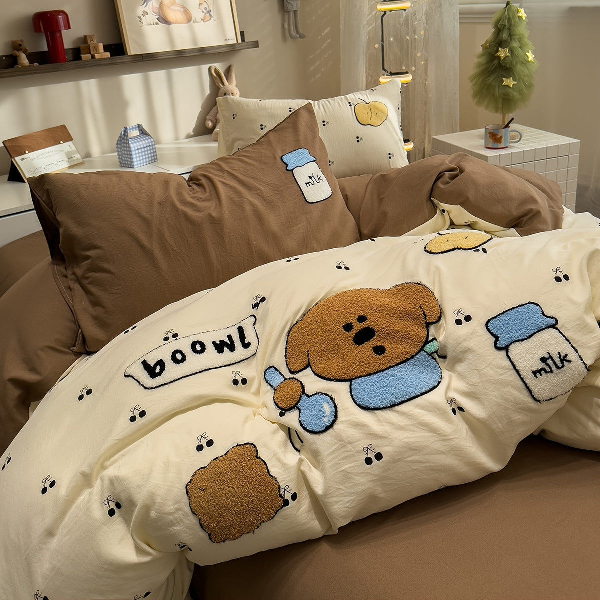 4pcs Cute Anime Cartoon Embroidered Duvet Cover Set (1 Duvet Cover + 1 Bed Sheet + 2 Pillowcases), Soft, Skin-Friendly, Breathable, Machine Washable, Suitable for Bedroom, Dorm, and Hotel Bedding Decor, All-Season Use - Four-Piece Bedding Set, Ideal