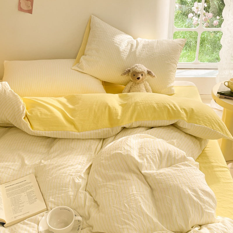 4pcs Bedding, Japanese and Korean Minimalist Striped Style, Duvet Cover Set, Machine Washable, Double Bed Duvet Cover Set, Pillowcase and Bed Sheet Set Combo, 4pcs Set for Bedrooms, Crafted Style 4pcs Set for Hotel-Style Showrooms, Includes 1 Duvet