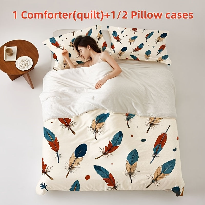 New -filled Quilt, Suitable for All Seasons, Lightweight and Comfortable, with Stylish Digital Prints. Ideal for Home Bedrooms, Available in Multiple Sizes. Features a Unique Red and Blue Feather Pattern Design, Soft and Cozy, Providing a Warm