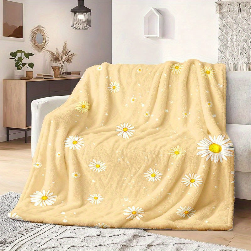 Soft | Skin-Friendly Soft Skin-Friendly 1pc Daisy Flannel Blanket | Comfortable, Machine Washable, Non-Shedding | Ideal for Couch, Living Room, Bedroom, Nap, Camping, Travel, All-Season Use