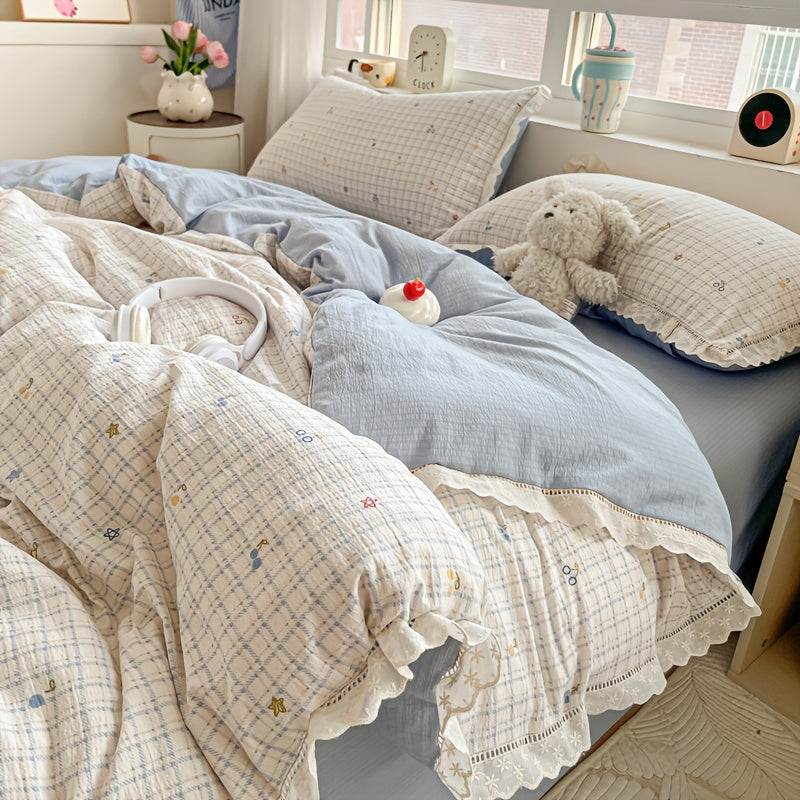 4pcs New Style Bedding, Cloud-Feel Crinkle Yarn Lace Design, Includes 1 Duvet Cover + 1 Flat Sheet + 2 Pillowcases, Fresh Country Style, Skin-Friendly and Breathable, Soft and Gentle, Printing and Dyeing, Delicate Touch, Suitable for Dormitories