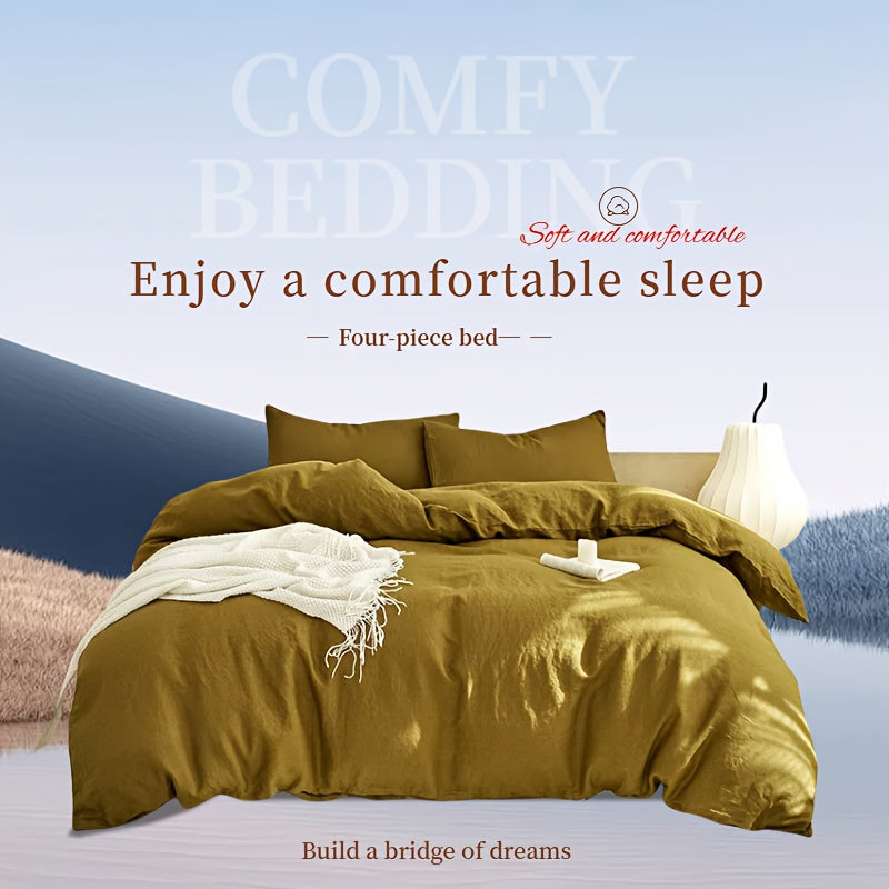Four-piece Khaki Large Double Bed Duvet Cover Set, 100% French Linen Duvet Cover Bedding Set, Natural French Linen Sheets (1 Duvet Cover, 1 Fitted Sheet, 2 Pillowcases), Soft and Comfortable, Breathable and Cool, Luxury Hotel Bedding, High-end Home