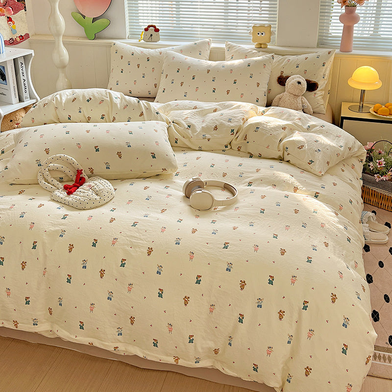4pcs Popular Washable Printed bedding, New Style for Double Beds, Featuring a Fresh Floral Design. Includes a Combination for Single Dorm Beds: 1 Duvet Cover, 2 Pillowcases, And 1 Bed Sheet