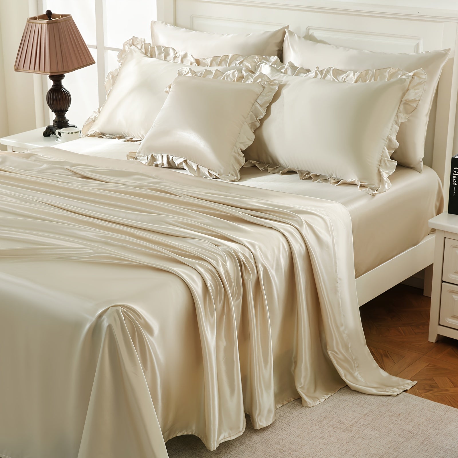 Beige Satin Comforter Set With Sheets, Queen\u002FKing Size Ruffled Bed Comforter 8pcs, Elegant Ruffle Room Decor Aesthetic Comforter King Bed In A Bag Set, Silky Like Satin Luxury Silky Bed Set For All Seasons
