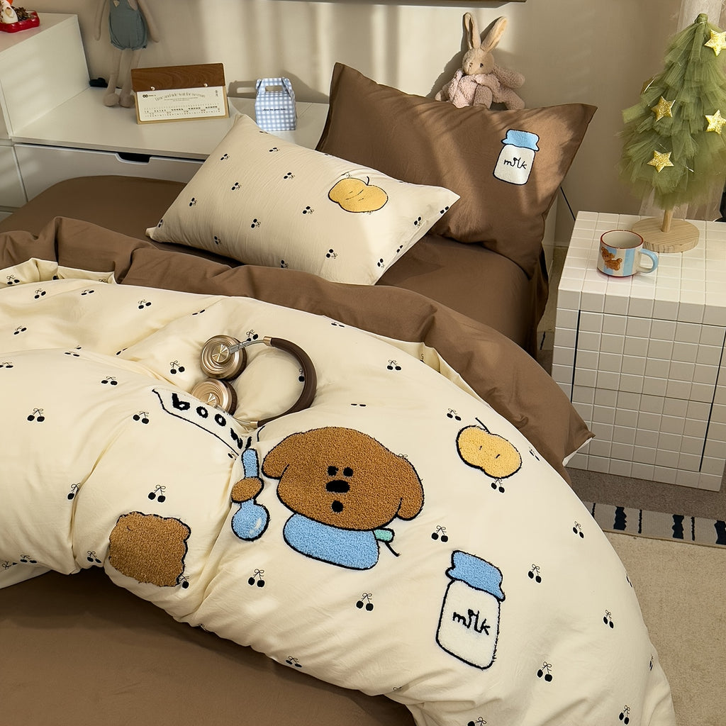 4pcs Cute Anime Cartoon Embroidered Duvet Cover Set (1 Duvet Cover + 1 Bed Sheet + 2 Pillowcases), Soft, Skin-Friendly, Breathable, Machine Washable, Suitable for Bedroom, Dorm, and Hotel Bedding Decor, All-Season Use - Four-Piece Bedding Set, Ideal