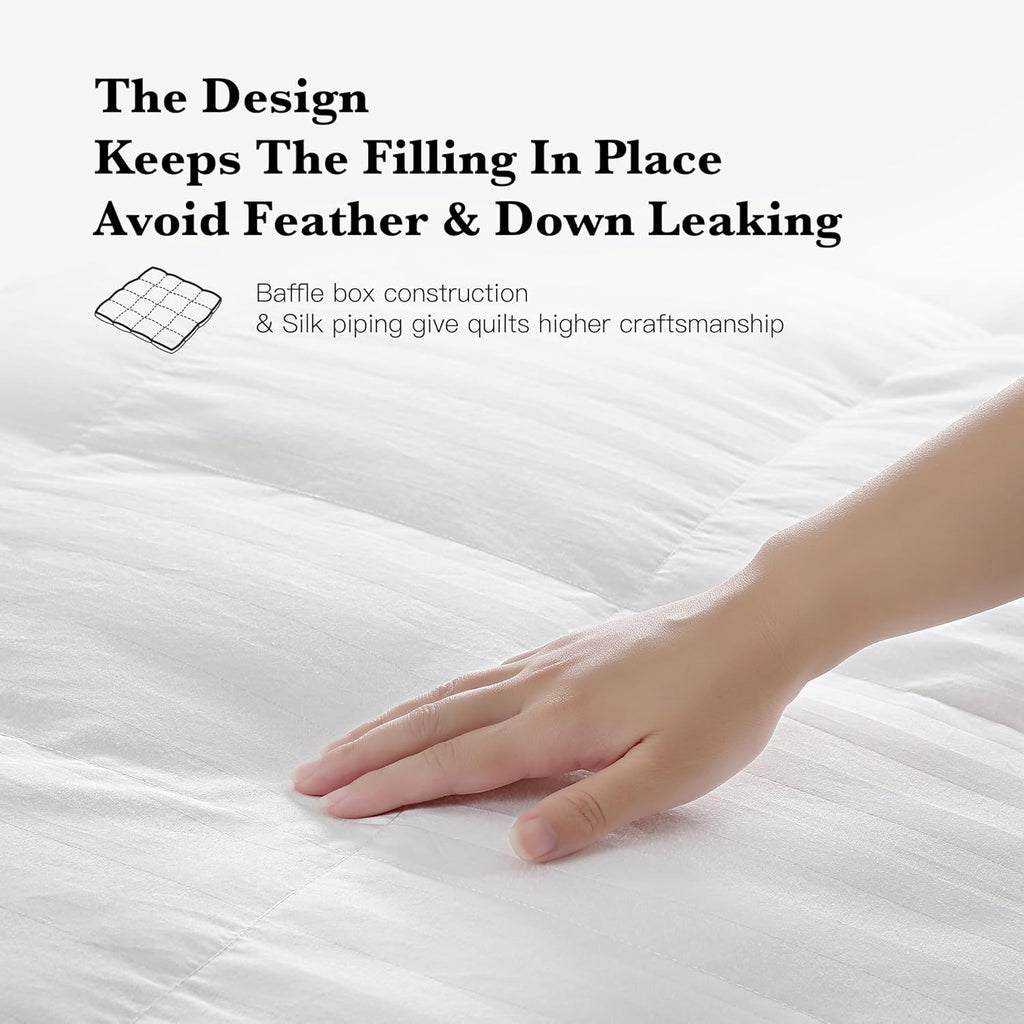 Hotel Grand Luxury White Down Comforter, 600 Fill Power All Season Down Duvet Insert, 500 Thread Count 100% Cotton Hotel Bedding Comforters with Stripe Pattern