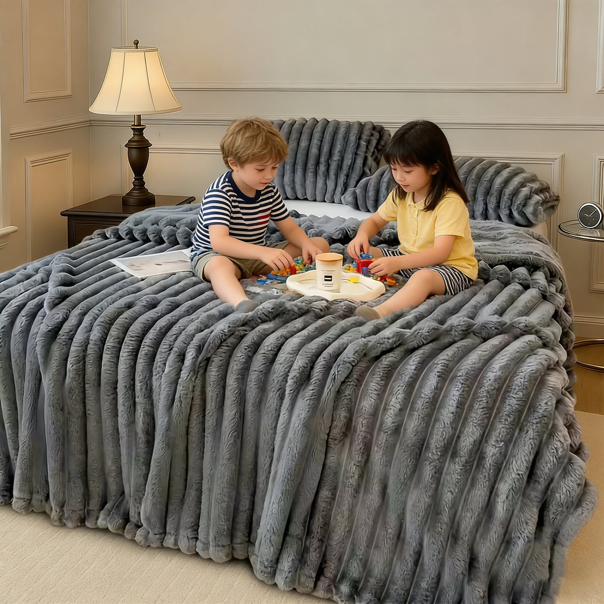 1pc Soft Bed Blanket For Children | Cozy Fuzzy Polyester Flannel Blanket, Grey, French Style, Machine Washable, for all Seasons Use, Suitable For Teacher Gifts And Birthday Gifts For Women, Girls, Men