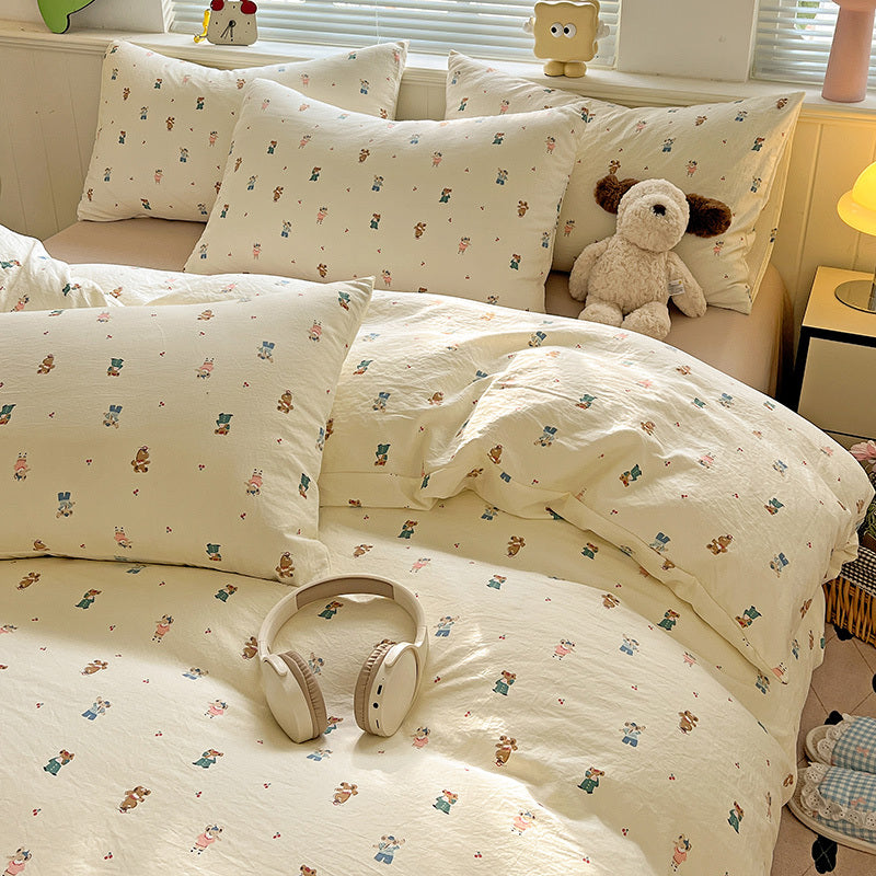 4pcs Popular Washable Printed bedding, New Style for Double Beds, Featuring a Fresh Floral Design. Includes a Combination for Single Dorm Beds: 1 Duvet Cover, 2 Pillowcases, And 1 Bed Sheet