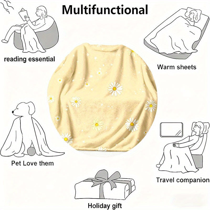 Soft | Skin-Friendly Soft Skin-Friendly 1pc Daisy Flannel Blanket | Comfortable, Machine Washable, Non-Shedding | Ideal for Couch, Living Room, Bedroom, Nap, Camping, Travel, All-Season Use