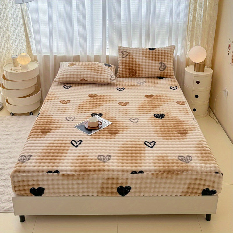3pcs Heart Pattern Fitted Sheet Set, Soft, Comfortable, and Skin-friendly Fitted Sheet, Suitable for Bedrooms and Guest Rooms (1 Fitted Sheet, 2 Pillowcases, Does Not Include Inserts)