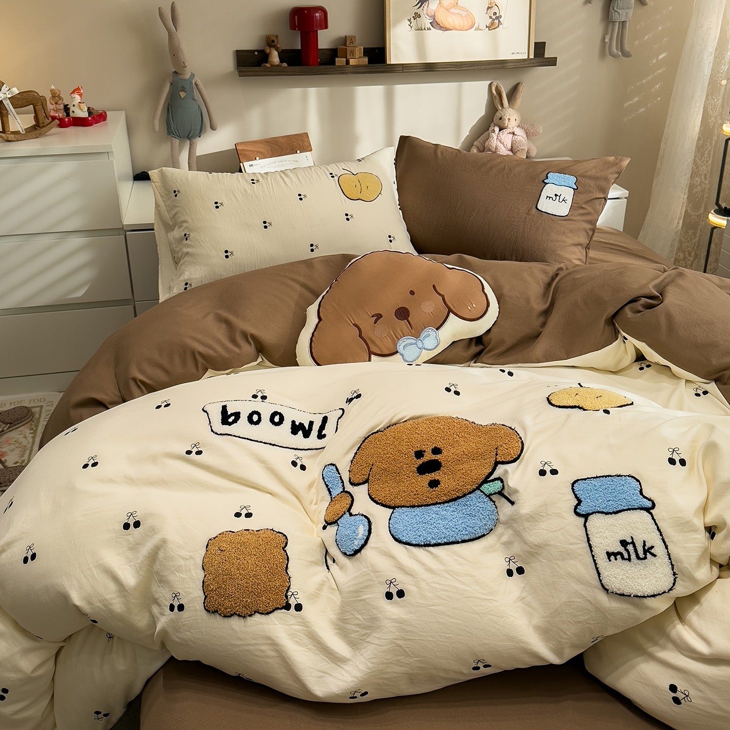 4pcs Cute Anime Cartoon Embroidered Duvet Cover Set (1 Duvet Cover + 1 Bed Sheet + 2 Pillowcases), Soft, Skin-Friendly, Breathable, Machine Washable, Suitable for Bedroom, Dorm, and Hotel Bedding Decor, All-Season Use - Four-Piece Bedding Set, Ideal