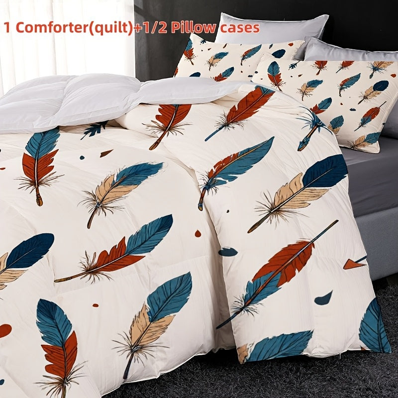 New -filled Quilt, Suitable for All Seasons, Lightweight and Comfortable, with Stylish Digital Prints. Ideal for Home Bedrooms, Available in Multiple Sizes. Features a Unique Red and Blue Feather Pattern Design, Soft and Cozy, Providing a Warm