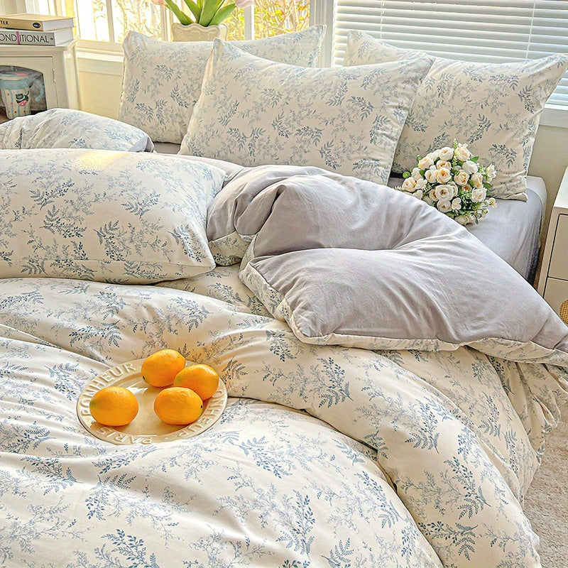 Spring Floral Print Blue and Purple Small Floral Vine Pattern • 4pcs Bedding (1 Duvet Cover + 1 Flat Sheet + 2 Pillowcases) • Country Style • Breathable Soft Microfiber • Machine Washable • Suitable for All Seasons • Does Not Include Comforter or Pillow