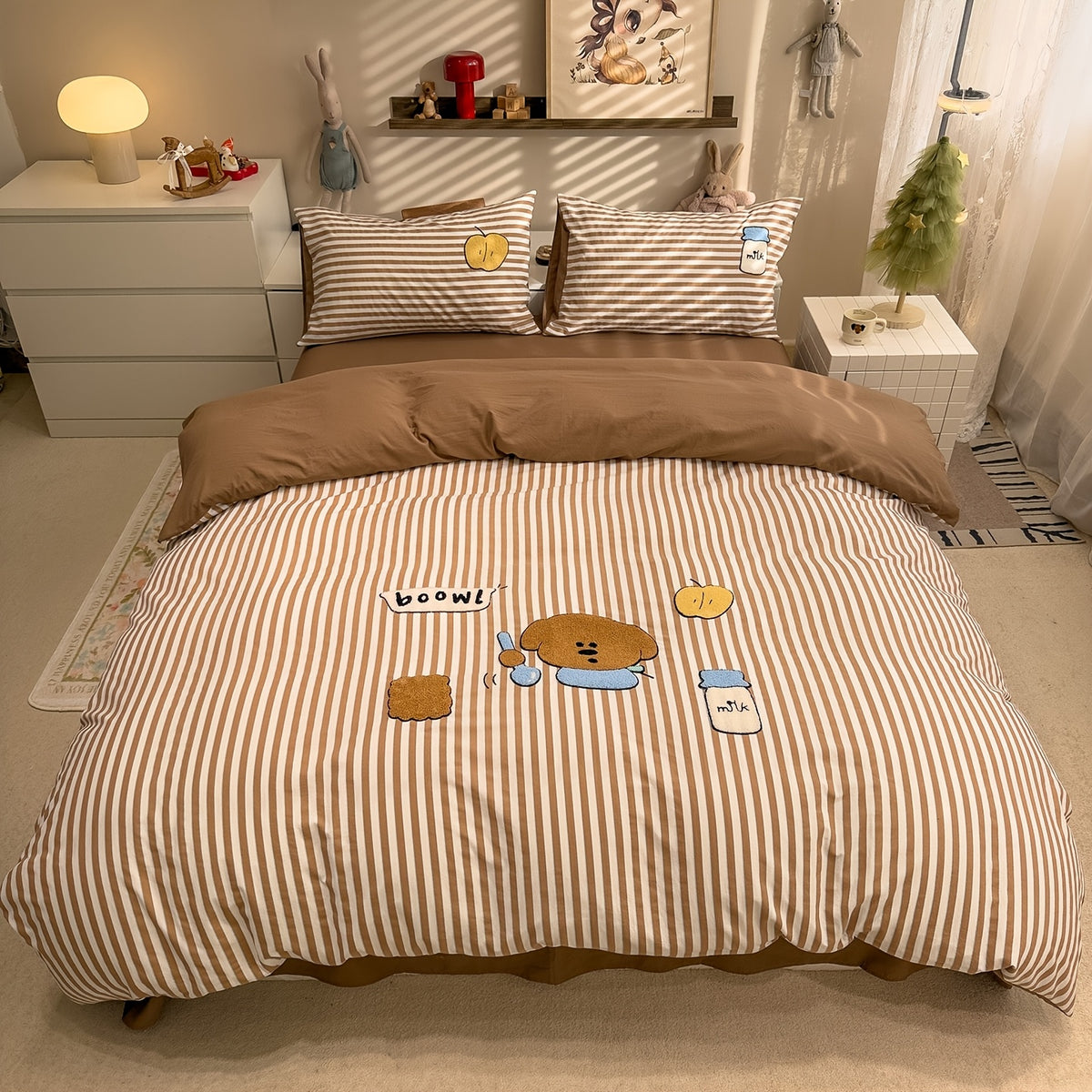 4pcs Cute Anime Cartoon Embroidered Duvet Cover Set (1 Duvet Cover + 1 Bed Sheet + 2 Pillowcases), Soft, Skin-Friendly, Breathable, Machine Washable, Suitable for Bedroom, Dorm, and Hotel Bedding Decor, All-Season Use - Four-Piece Bedding Set, Ideal